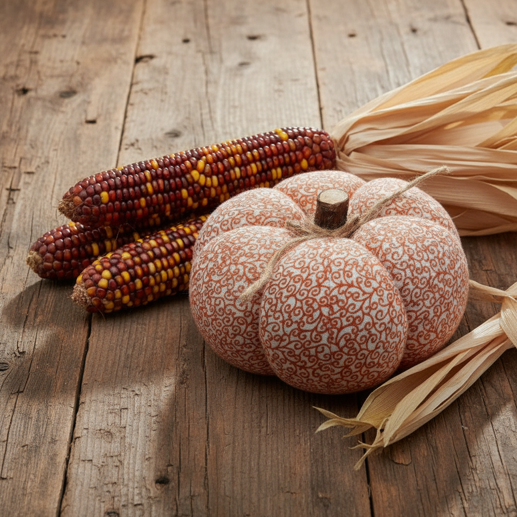 Decorative pumpkin and corn on a wooden surface