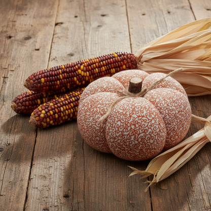 Decorative pumpkin and corn on a wooden surface