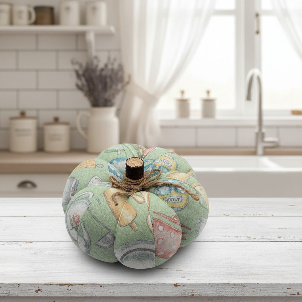 Fabric pumpkin with a pastel kitchen design