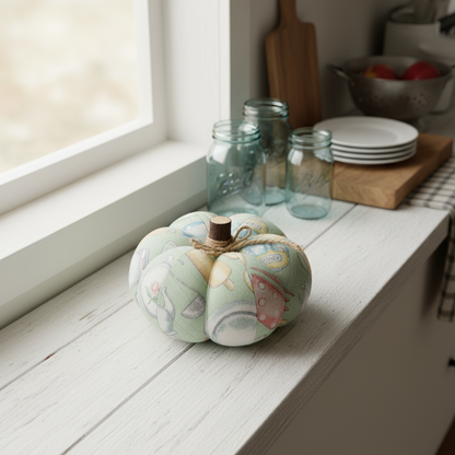 Decorative pumpkin with a pastel kitchen design on a white surface near a window.