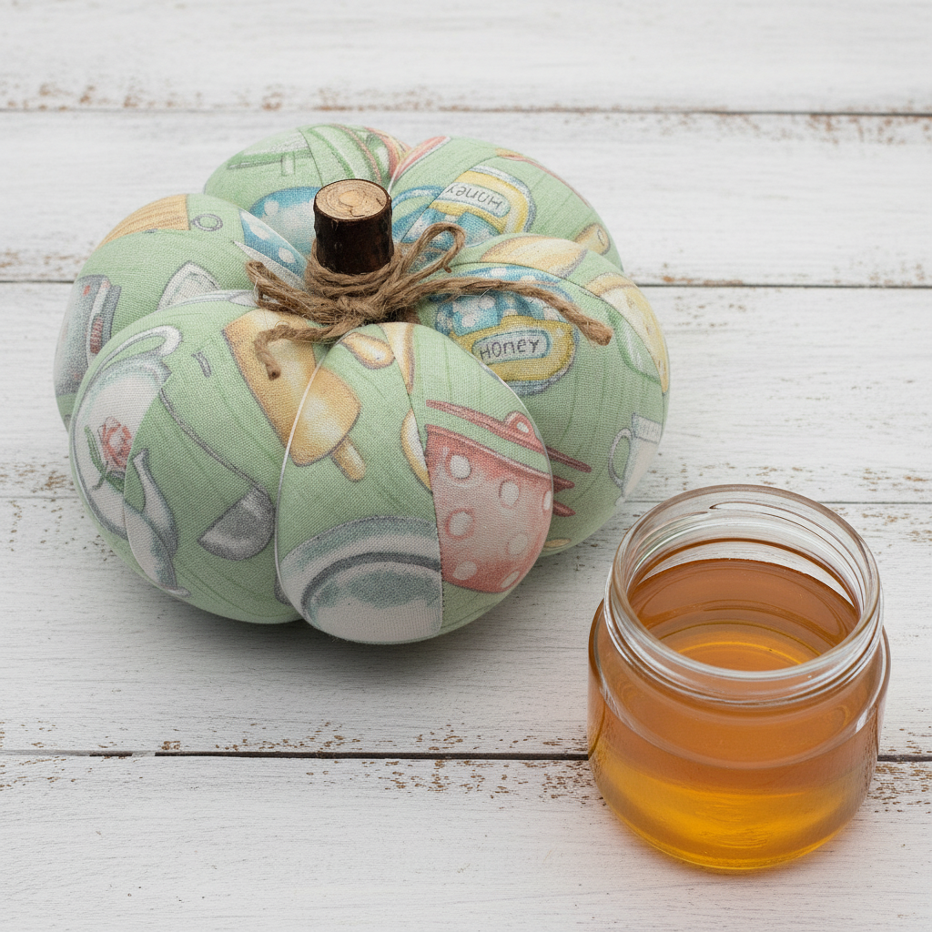 Decorative fabric pumpkin with a jar of honey on a wooden surface