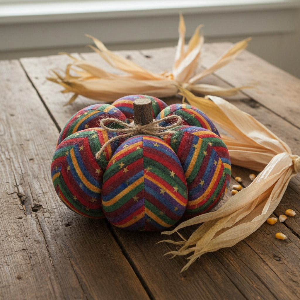 Decorative pumpkin with rainbow pattern and star designs