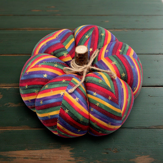 Decorative fabric pumpkin in a multicolor zigzag pattern
