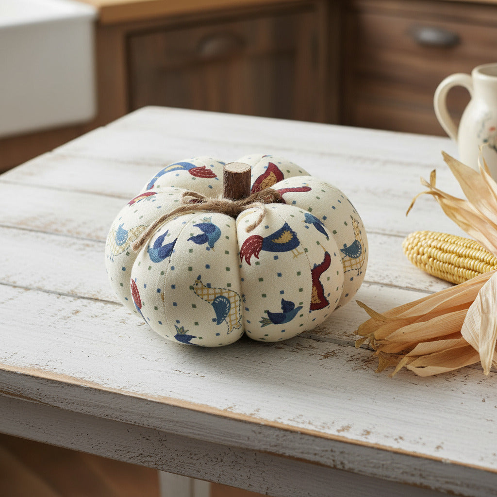 Decorative fabric pumpkin with bird pattern