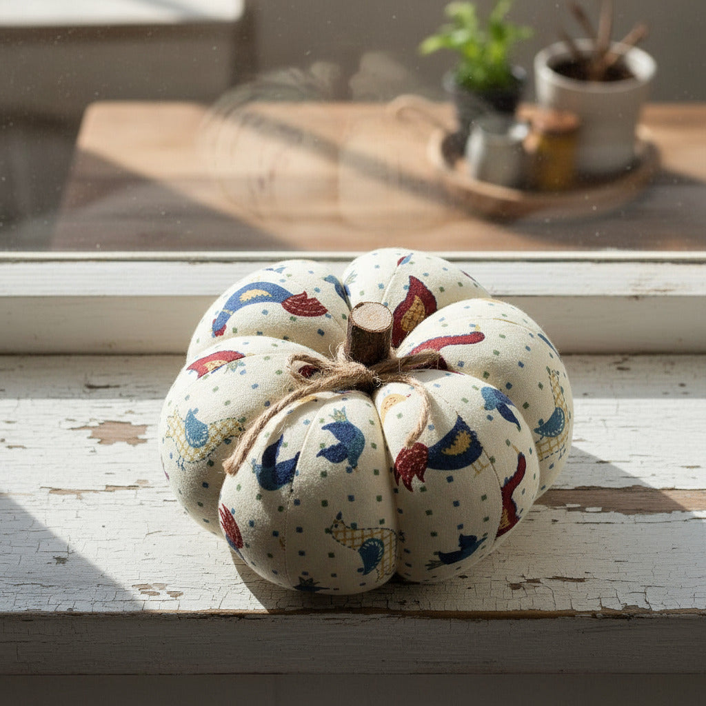 Decorative fabric pumpkin with bird pattern
