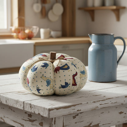 Decorative fabric pumpkin with a folk art bird pattern