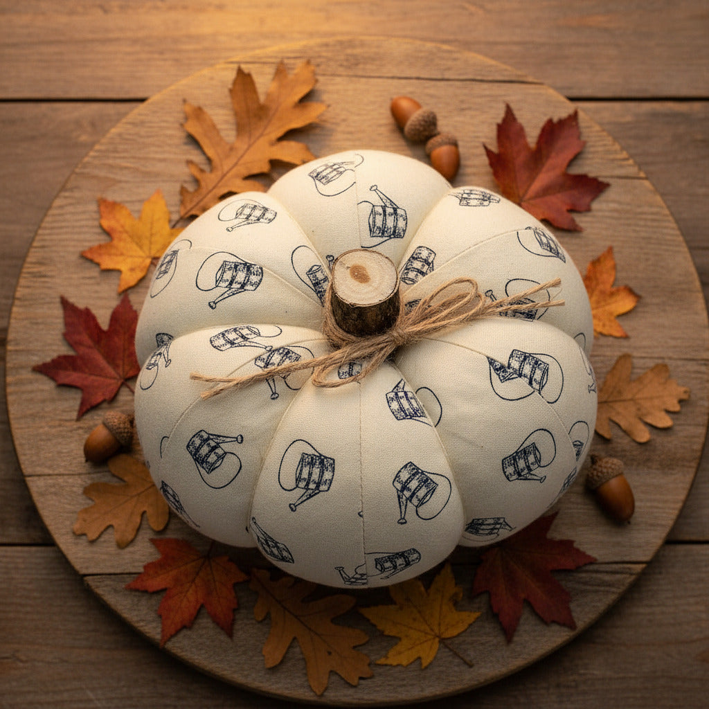 Fabric pumpkin with a watering can pattern