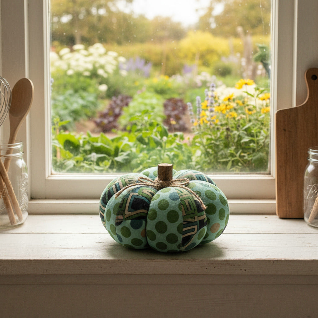 Decorative pumpkin with green and blue polka dot pattern