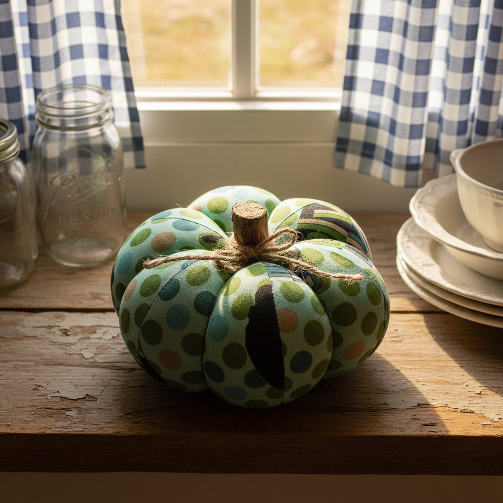 Decorative pumpkin with green and blue polka dot pattern