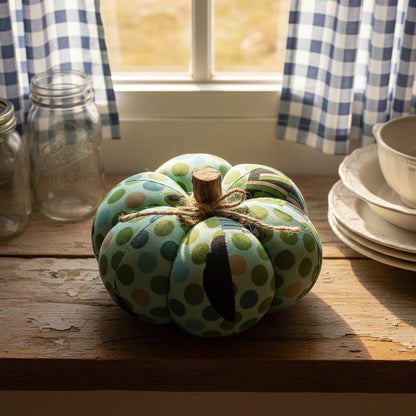 Decorative pumpkin with green and blue polka dot pattern
