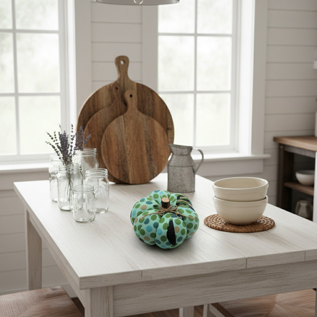 Decorative pumpkin with green and blue polka dot pattern