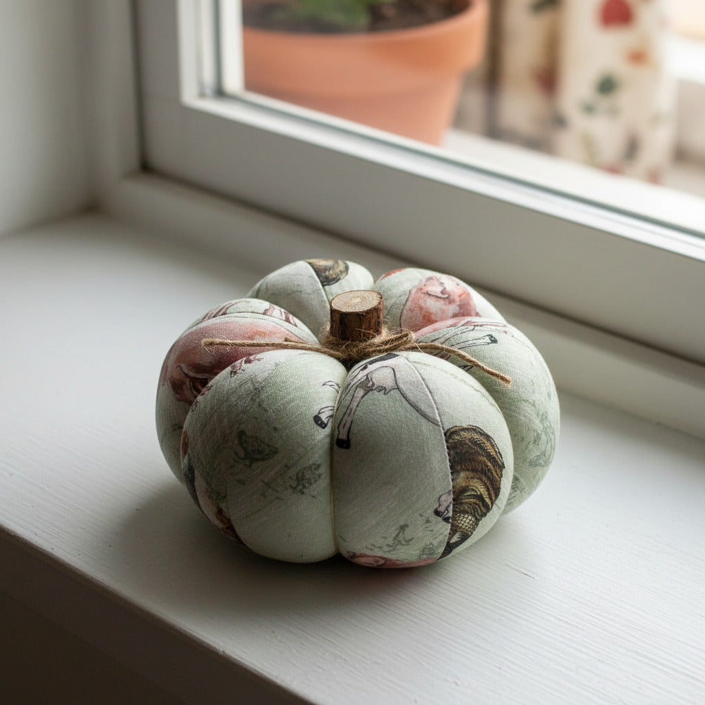 fabric pumpkin with a farm animals design