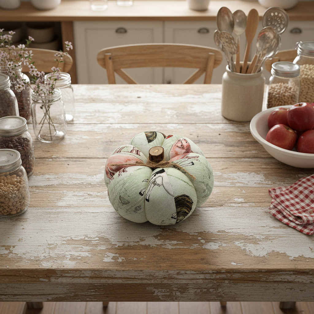 Fabric pumpkin with a farmhouse animals design