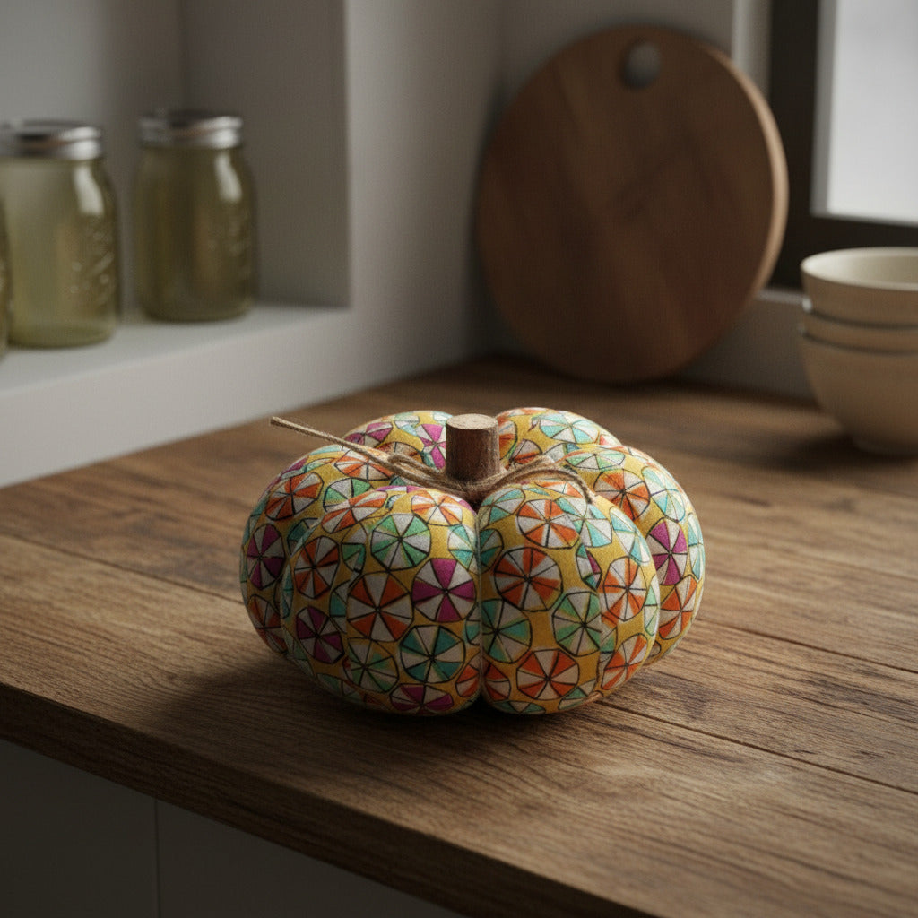 Decorative fabric pumpkin with a colorful candy wheels pattern