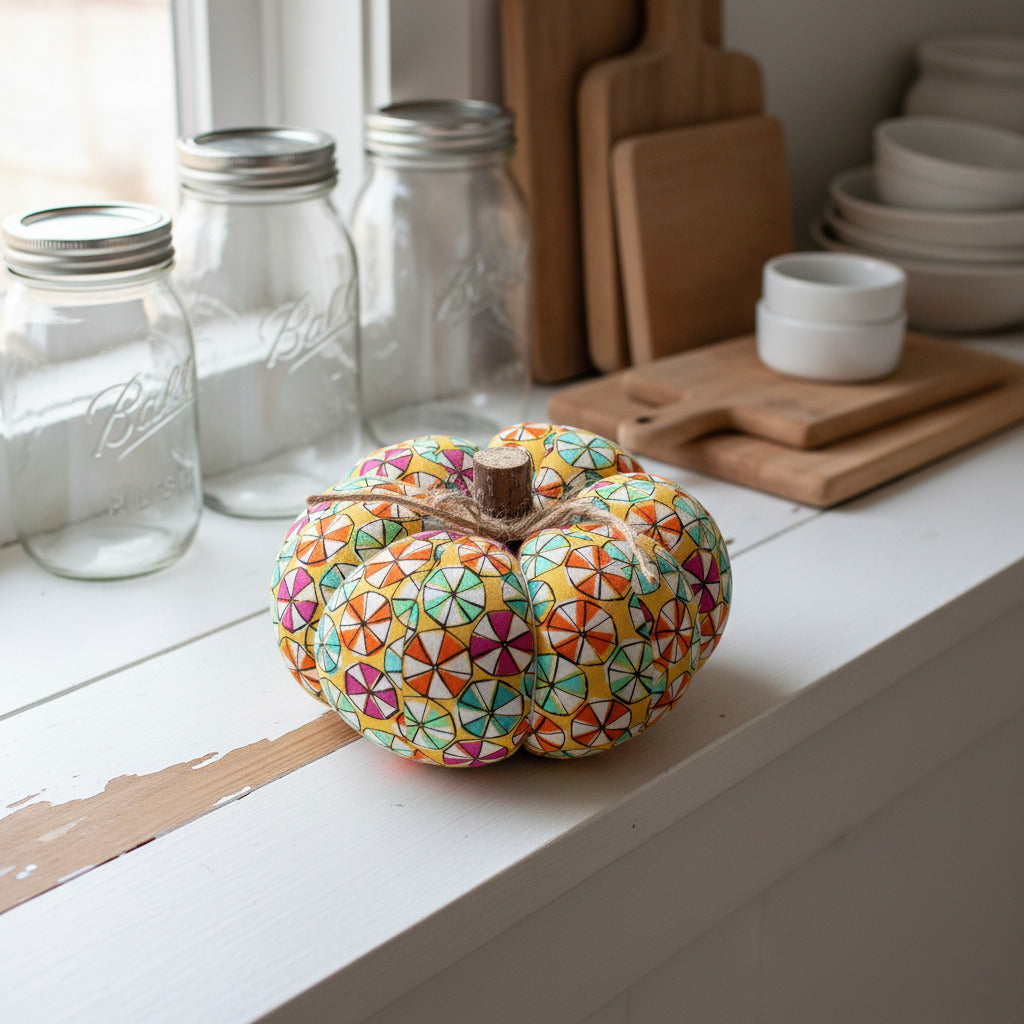 Decorative fabric pumpkin with a colorful candy wheels pattern