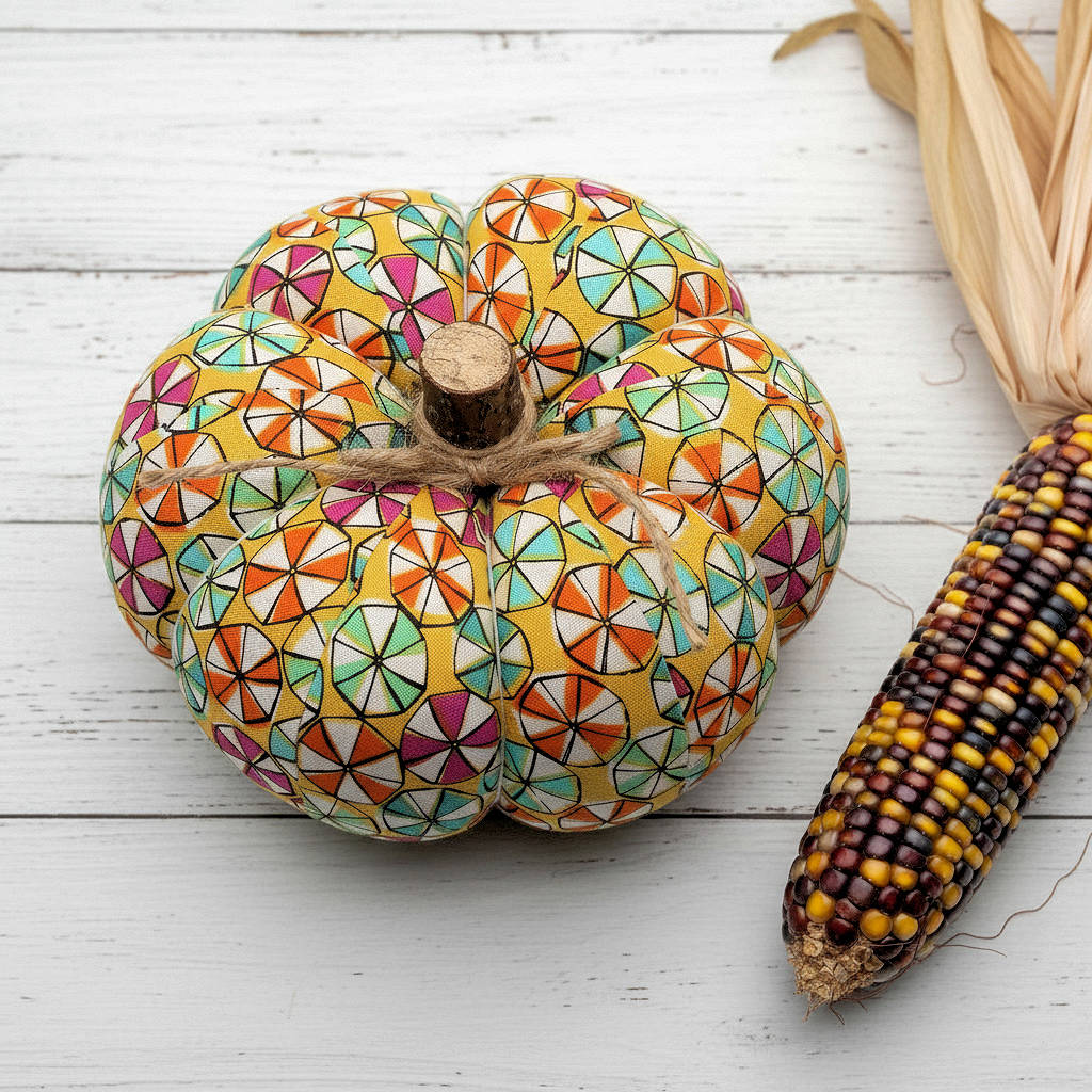 Decorative pumpkin with a colorful candy pattern next to an ear of corn on a wooden surface