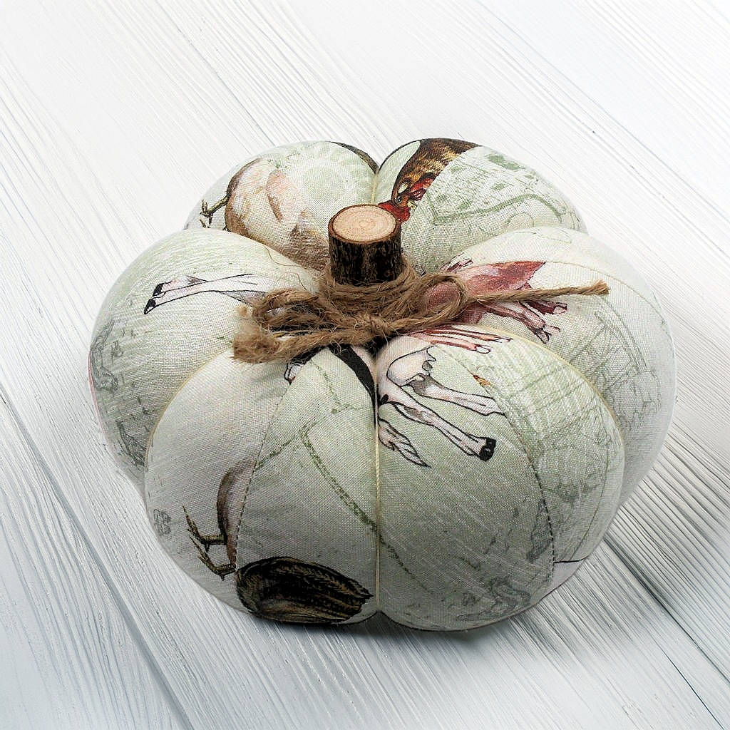Decorative fabric pumpkin with a farmhouse animal design