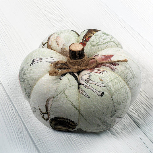 Decorative fabric pumpkin with a farmhouse animal design