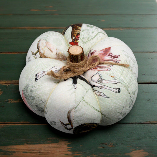 Decorative fabric pumpkin with a farmhouse animal design