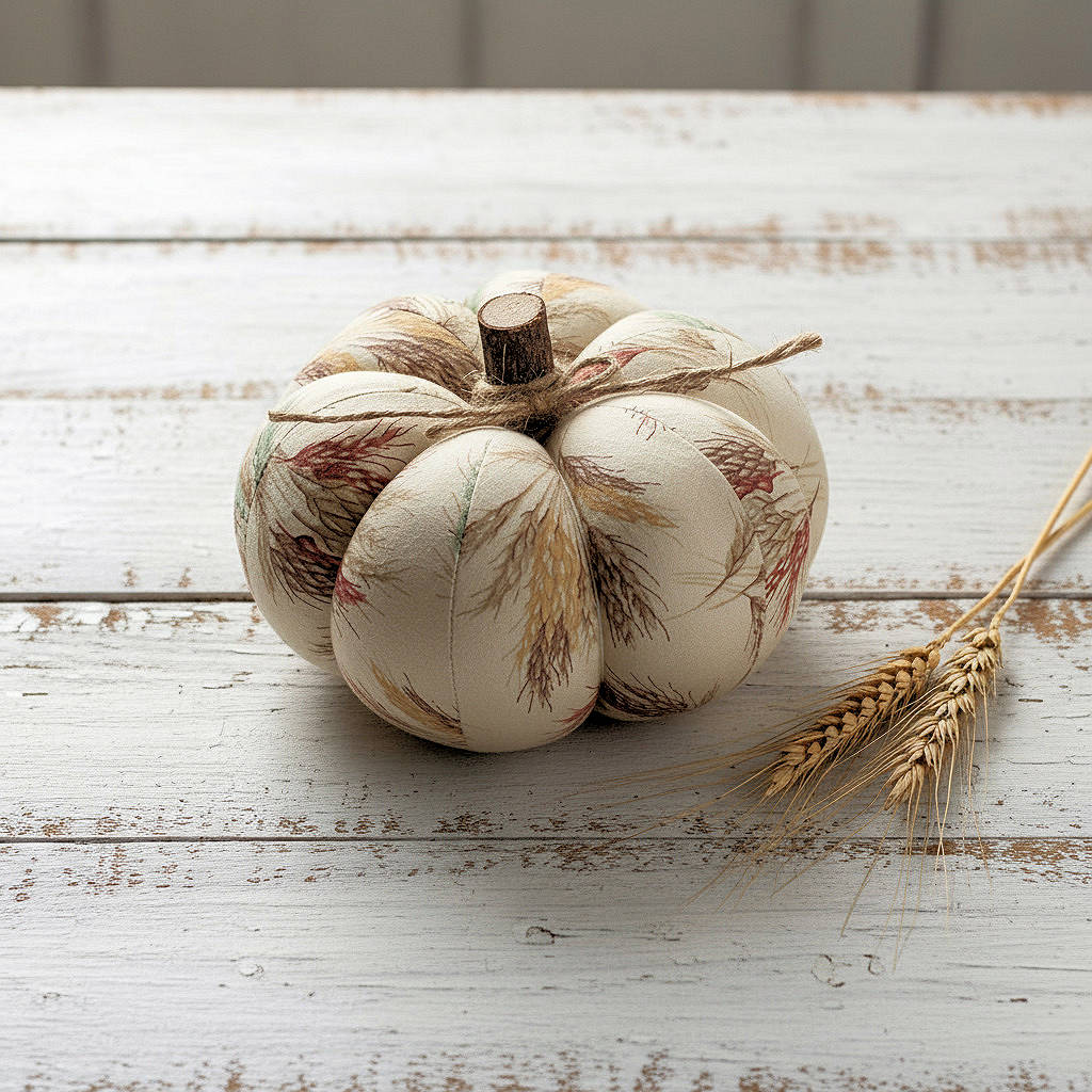 Decorative fabric pumpkin with a wheat design