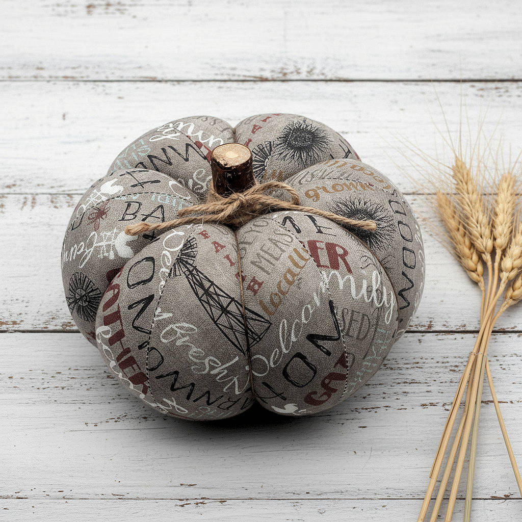 Decorative fabric pumpkin with a farmhouse design