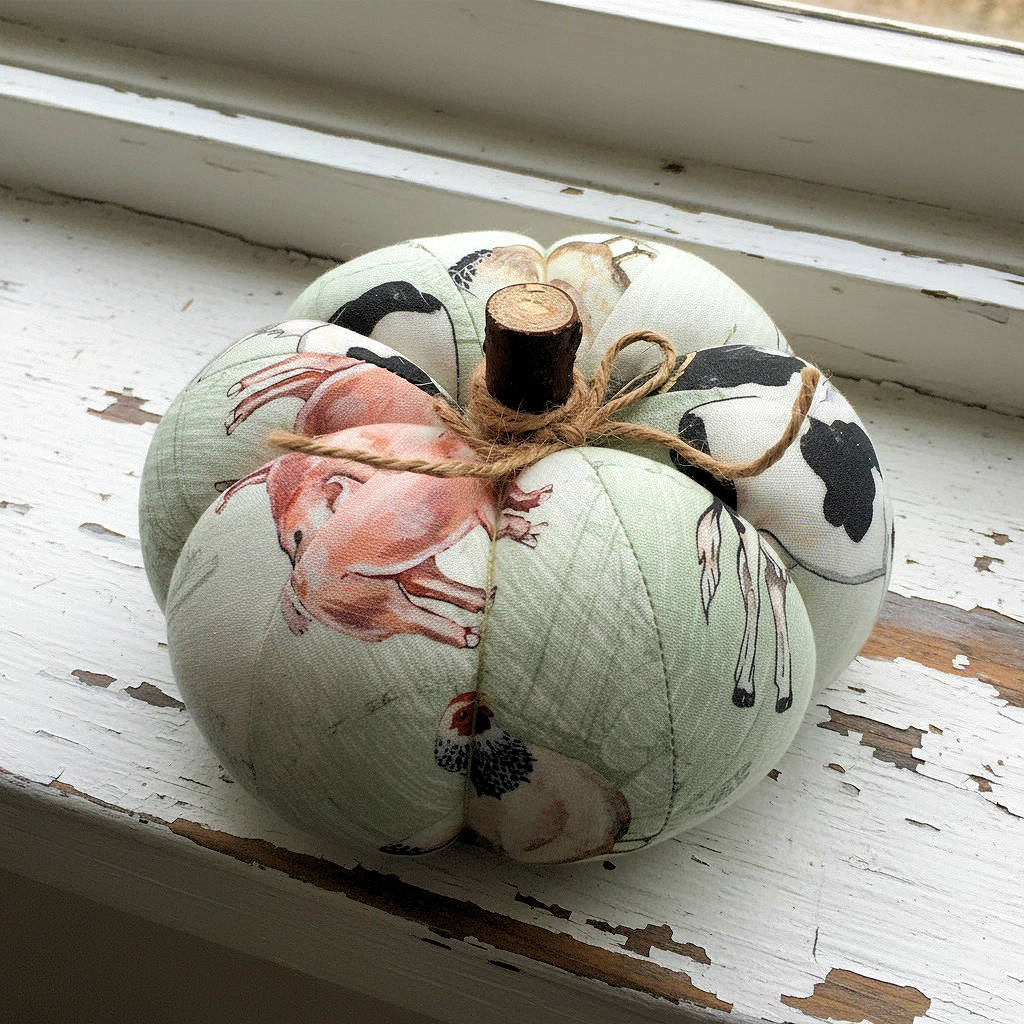 Decorative fabric pumpkin with a farmhouse animal design
