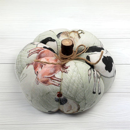 Decorative fabric pumpkin with a farm animal design