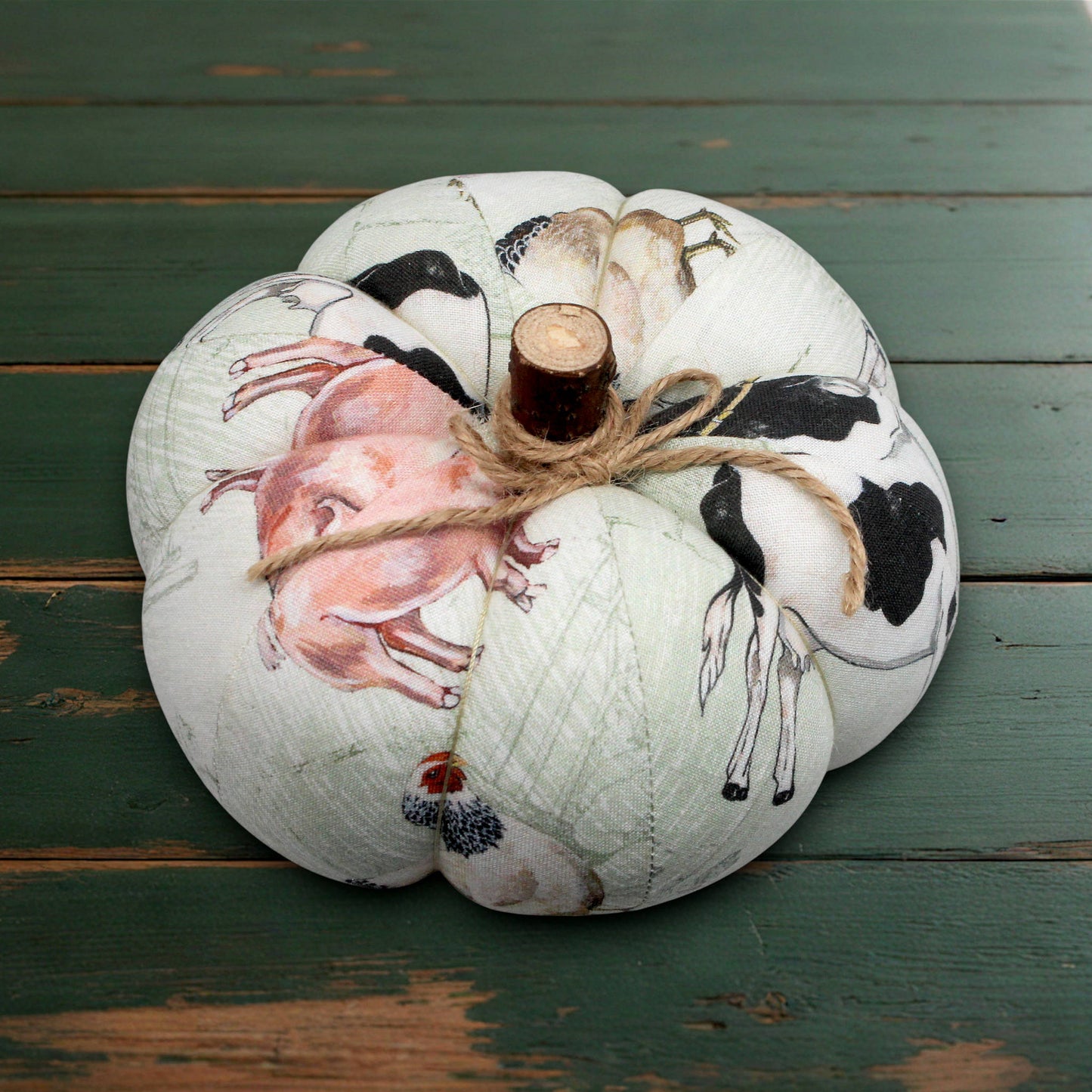 Decorative fabric pumpkin with a farm and animal design print