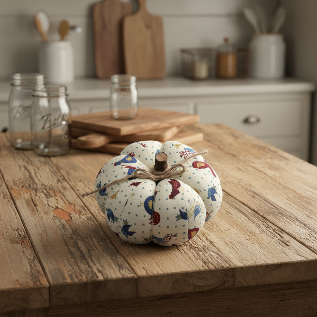 Decorative fabric pumpkin with a folk art bird design