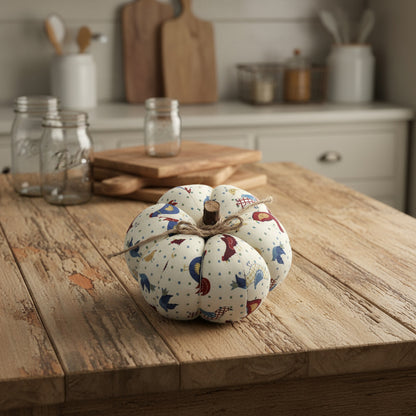 Decorative fabric pumpkin with a folk art bird design