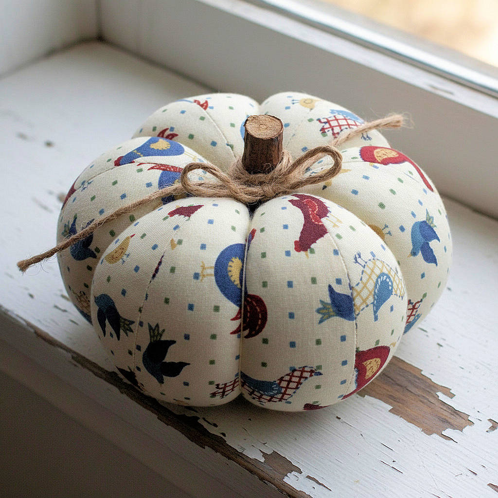 Decorative fabric pumpkin with a folk art bird design