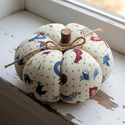 Decorative fabric pumpkin with a folk art bird design