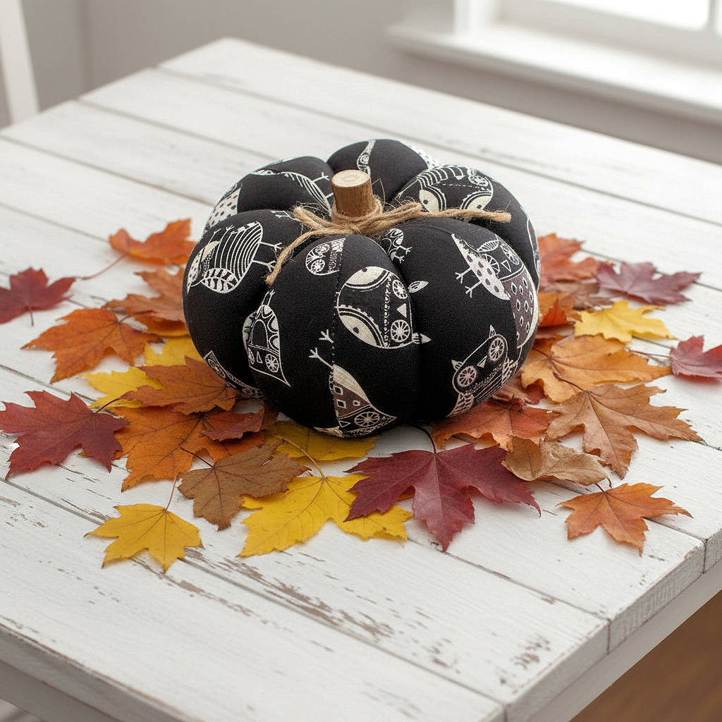 Black fabric pumpkin with Halloween owl patterns on a white surface with autumn leaves