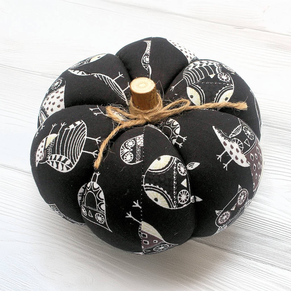 Decorative fabric pumpkin with a Halloween owls design
