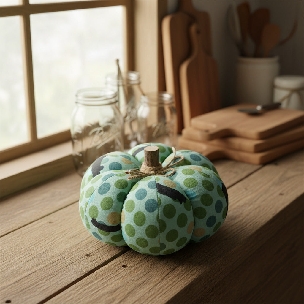 Decorative fabric pumpkin with a blue and green dot pattern