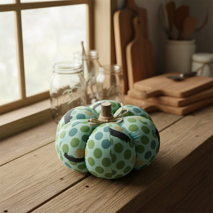 Decorative fabric pumpkin with a blue and green dot pattern