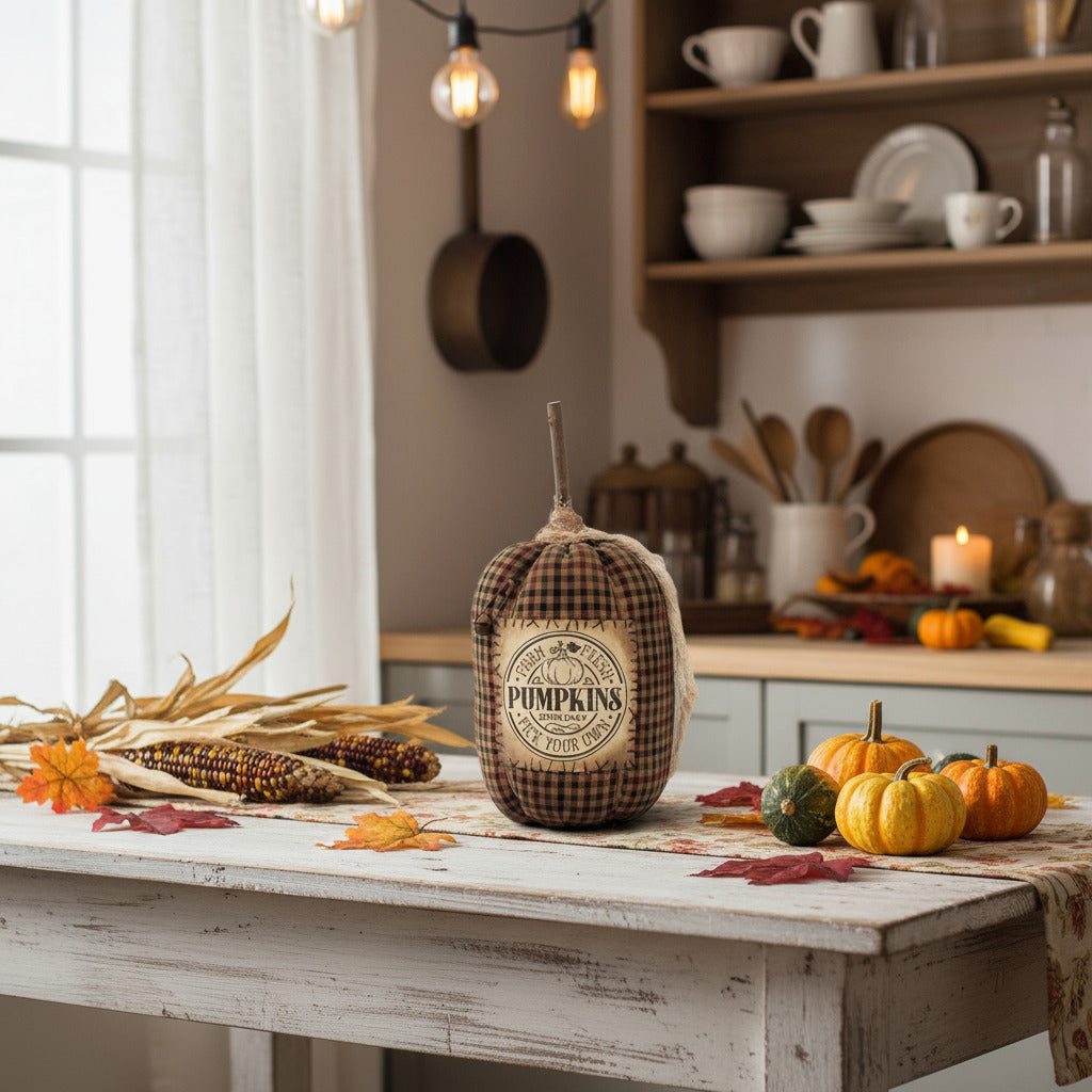 Decorative grungy homespun pumpkin with label