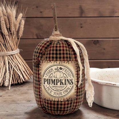 Decorative pumpkin with plaid pattern and 'Farm Fresh Pumpkins' label on a wooden background