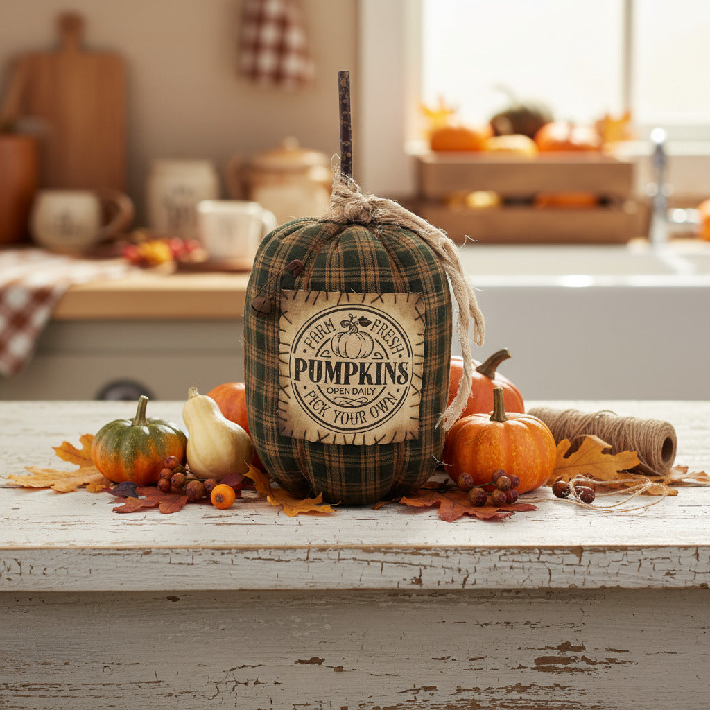 Decorative pumpkin with a label on a kitchen counter with pumpkins and leaves.