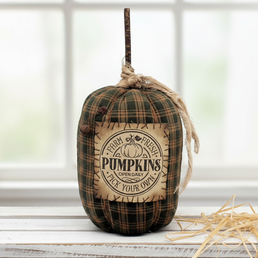 Decorative pumpkin with plaid pattern and 'Farm Fresh Pumpkins' label on a white background