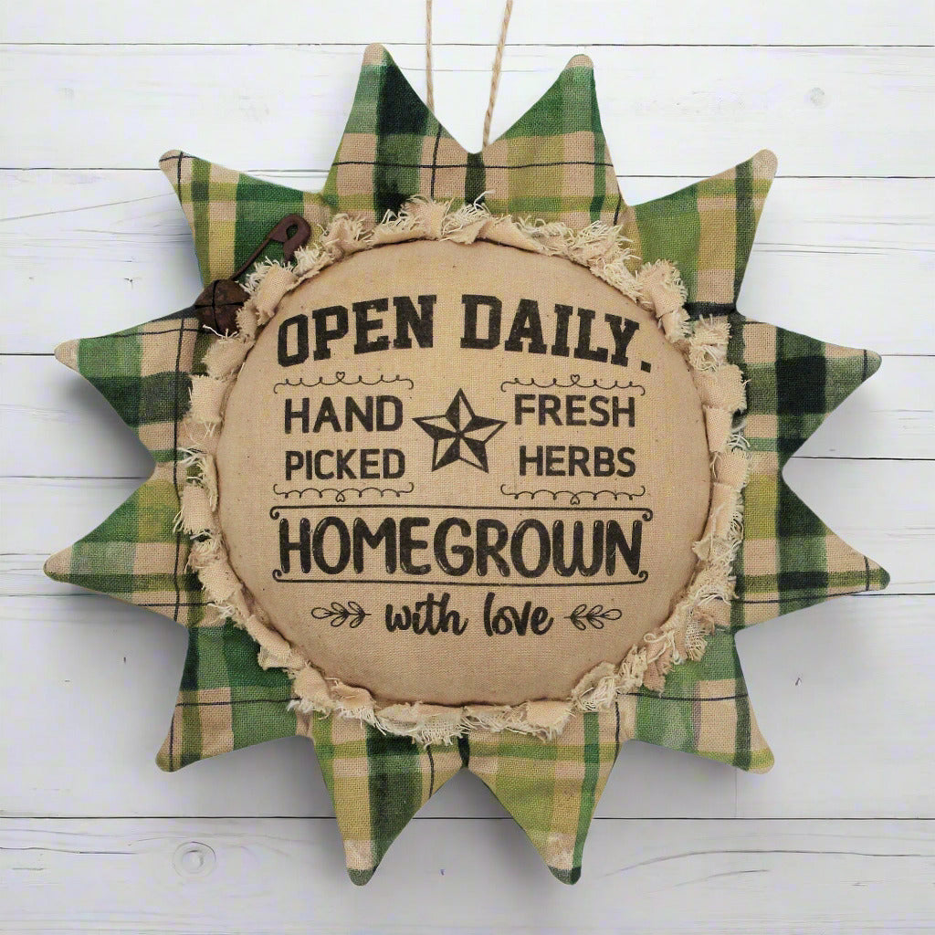 Primitive fabric sunflower ornament advertising for home grown fresh herbs