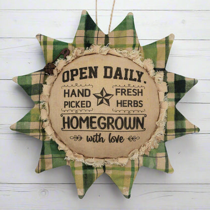 Primitive fabric sunflower ornament advertising for home grown fresh herbs