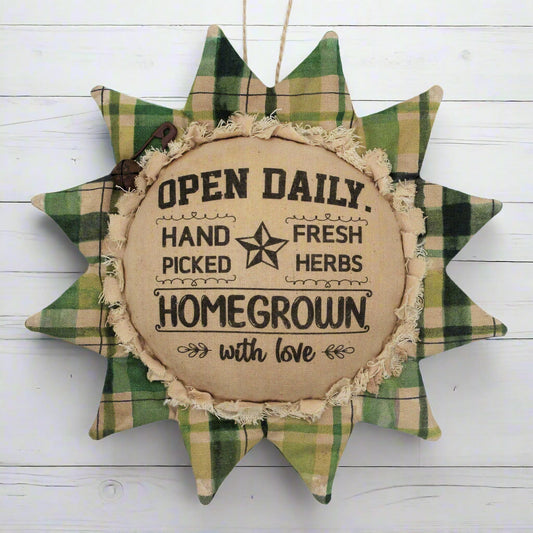 Primitive fabric sunflower ornament advertising for home grown fresh herbs