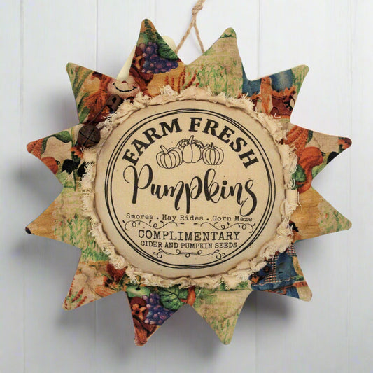 Primitive fabric sunflower ornament advertising for farm fresh pumpkins
