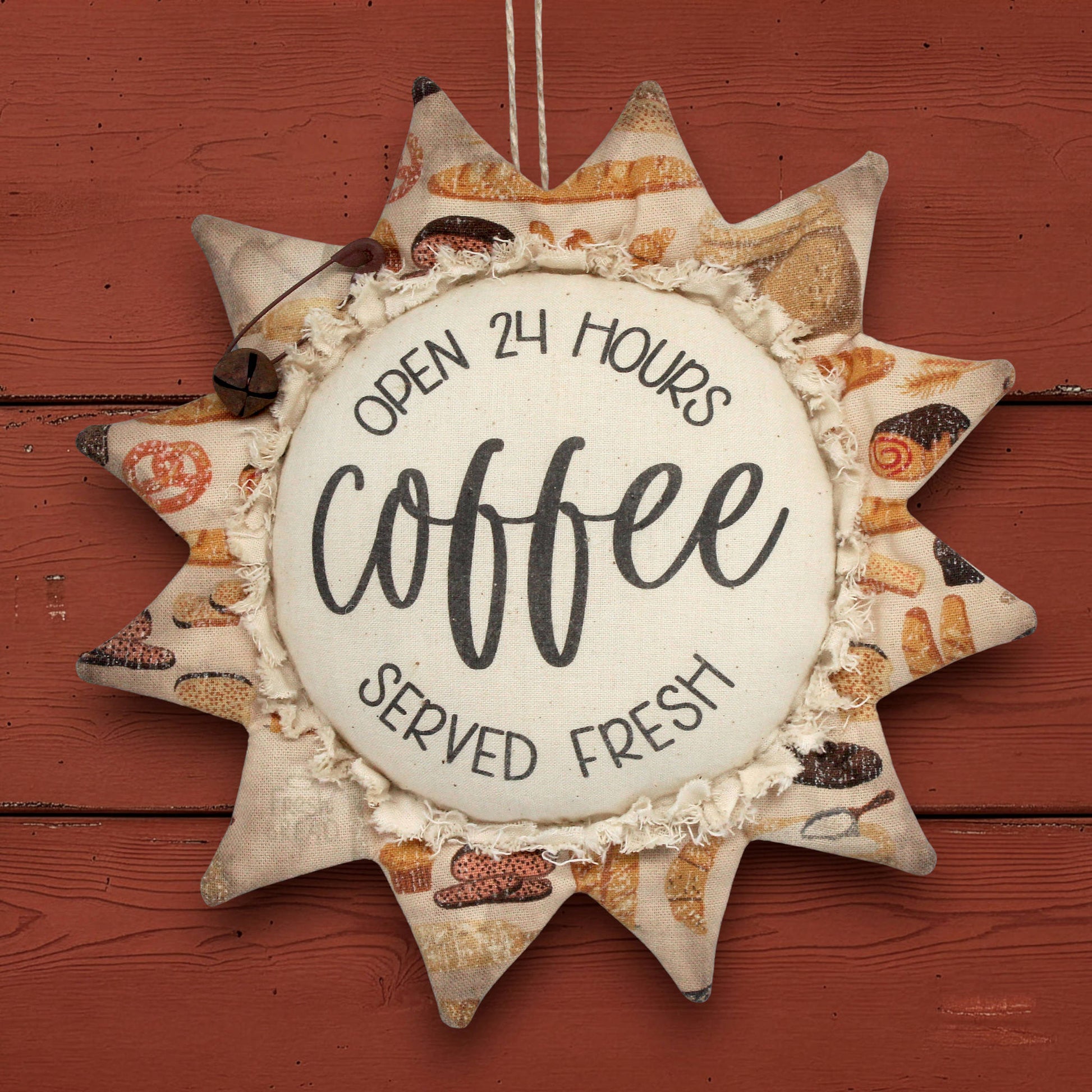 Primitive fabric sunflower ornament with an advertisement for coffee freshly served