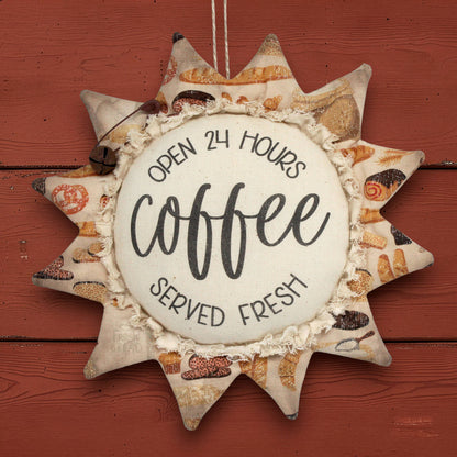 Primitive fabric sunflower ornament with an advertisement for coffee freshly served