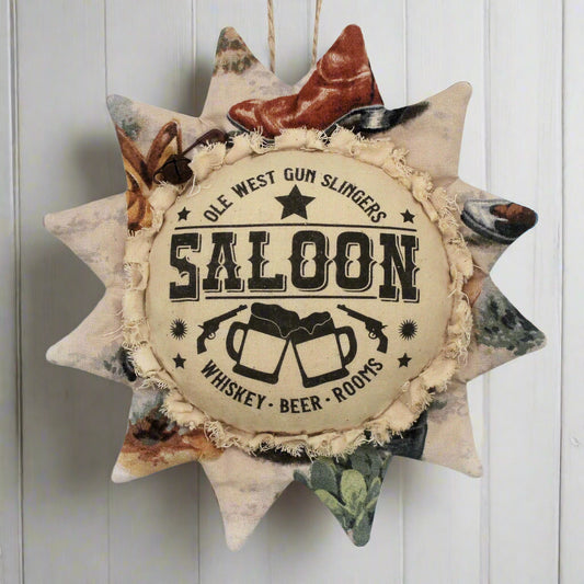 Primitive fabric sunflower ornament with an advertisement for a western saloon