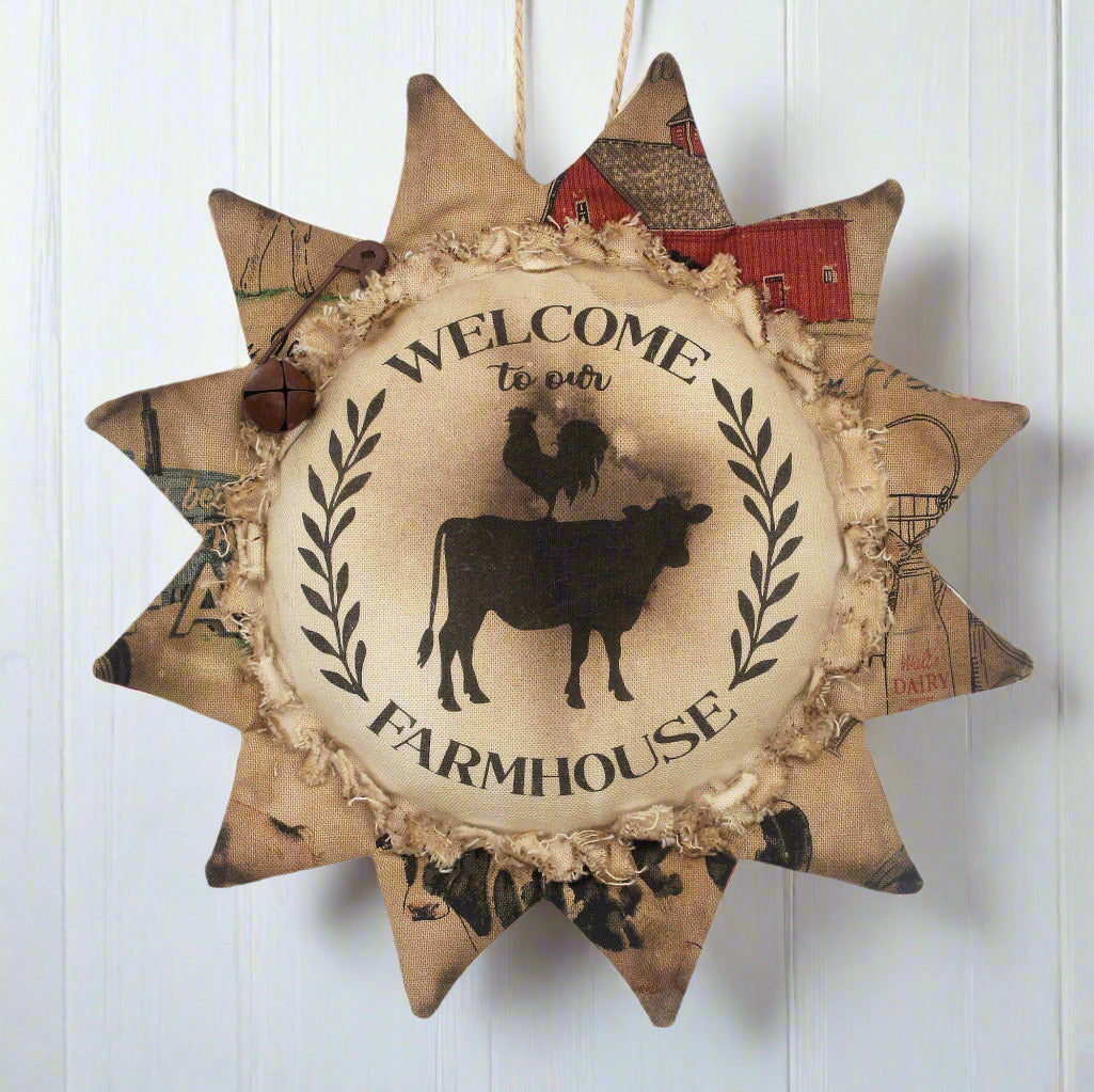 Primitive sunflower ornament with the text Welcome to our farmhouse