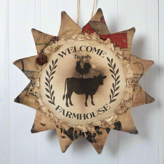 Primitive sunflower ornament with the text Welcome to our farmhouse