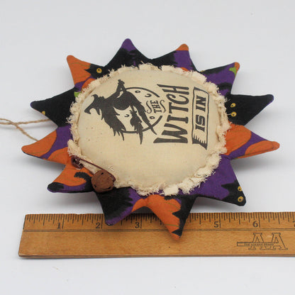 Primitive Halloween Sunflower Ornament - Witch Is In Silhouette